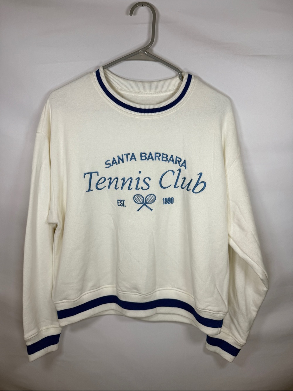 Lazy Sunday Cream Santa Barbara Tennis Club Embroidered Crewneck Sweatshirt M
